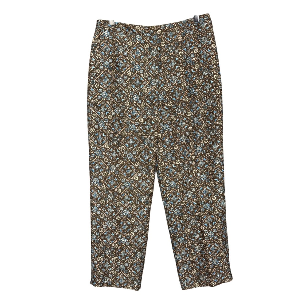 Talbots Pants Womens 12P Petite Brown Blue Geometric Print Silk Linen Straight‎